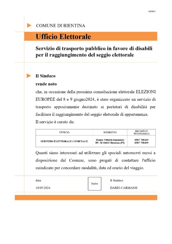 Immagine - Elezioni - Servizio di trasporto pubblico in favore di disabili - Manifesto