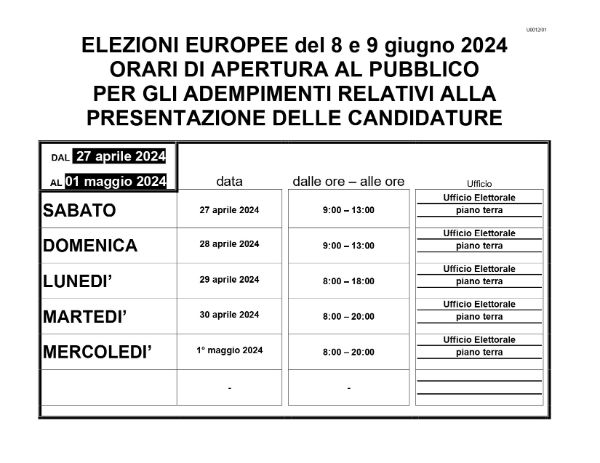 Immagine - Elezioni Europee 2024 - Orari ufficio Elettorale per presentazione Candidature