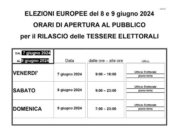 Tessere Elettorali - Aperture Ufficio Elettorale - Locandina