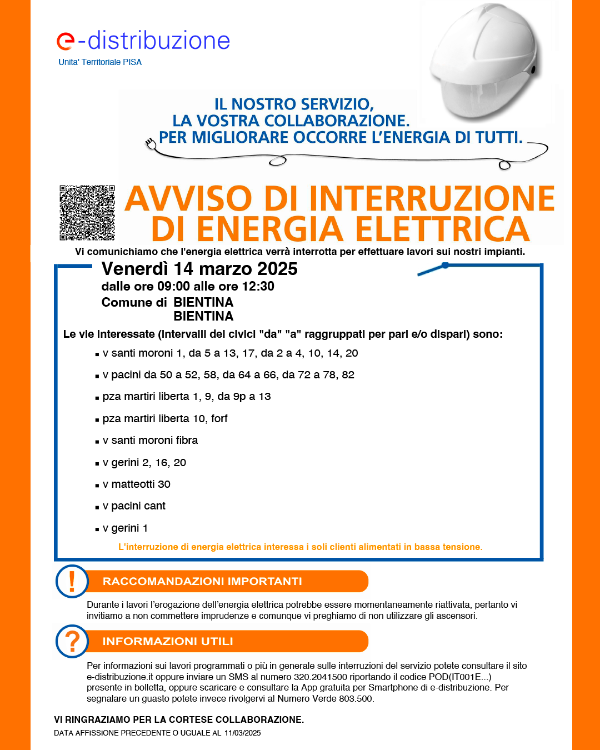 Interruzione Energia Elettrica - 14 Marzo 2025 - Locandina